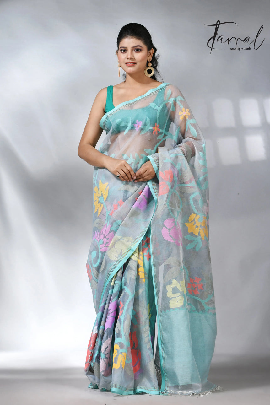 Ash color allover floral muslin silk handwoven jamdani saree