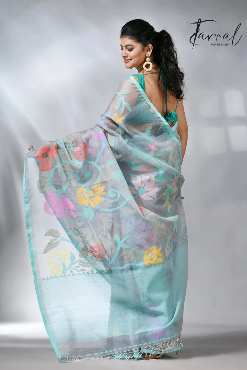 Ash color allover floral muslin silk handwoven jamdani saree