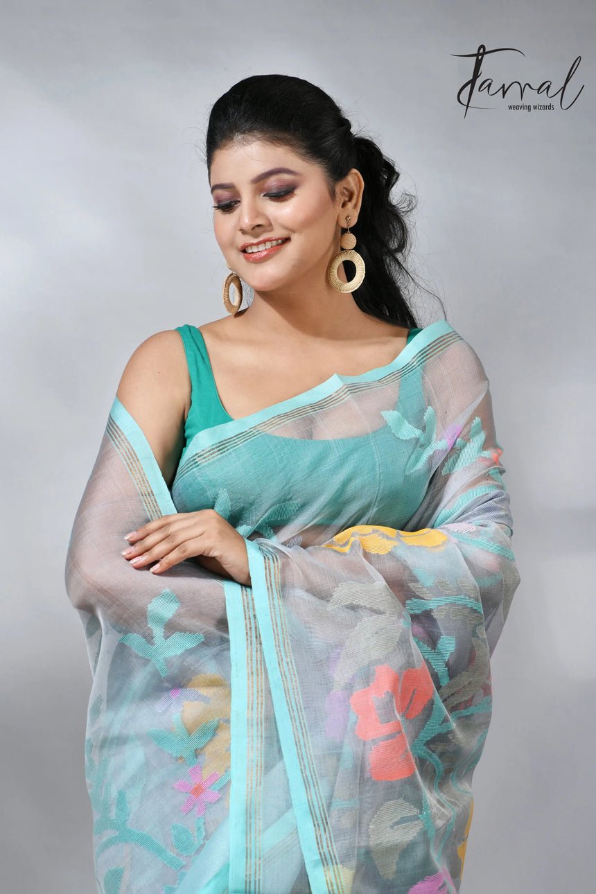 Ash color allover floral muslin silk handwoven jamdani saree