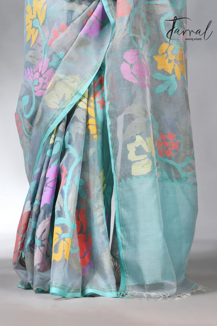 Ash color allover floral muslin silk handwoven jamdani saree