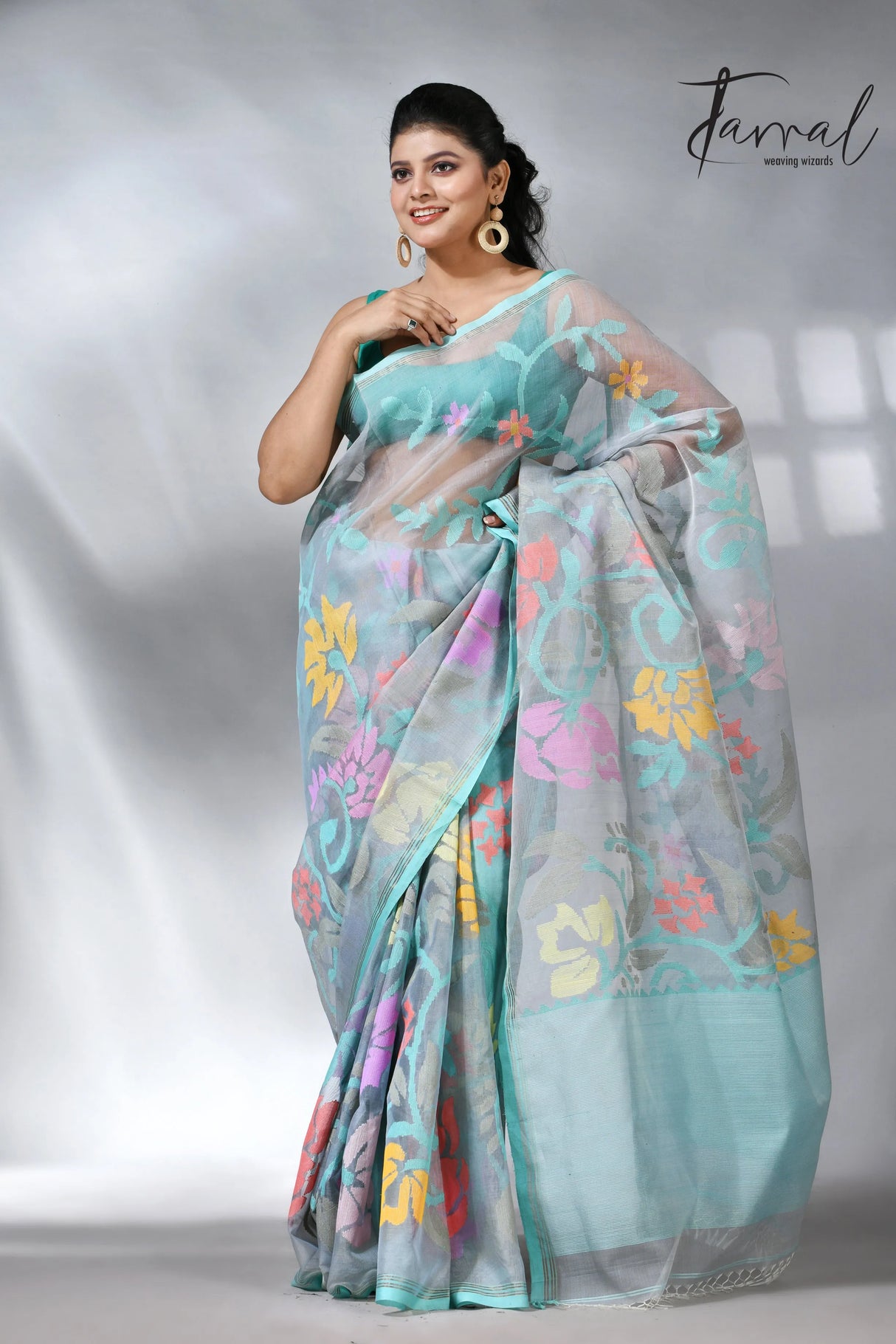 Ash color allover floral muslin silk handwoven jamdani saree