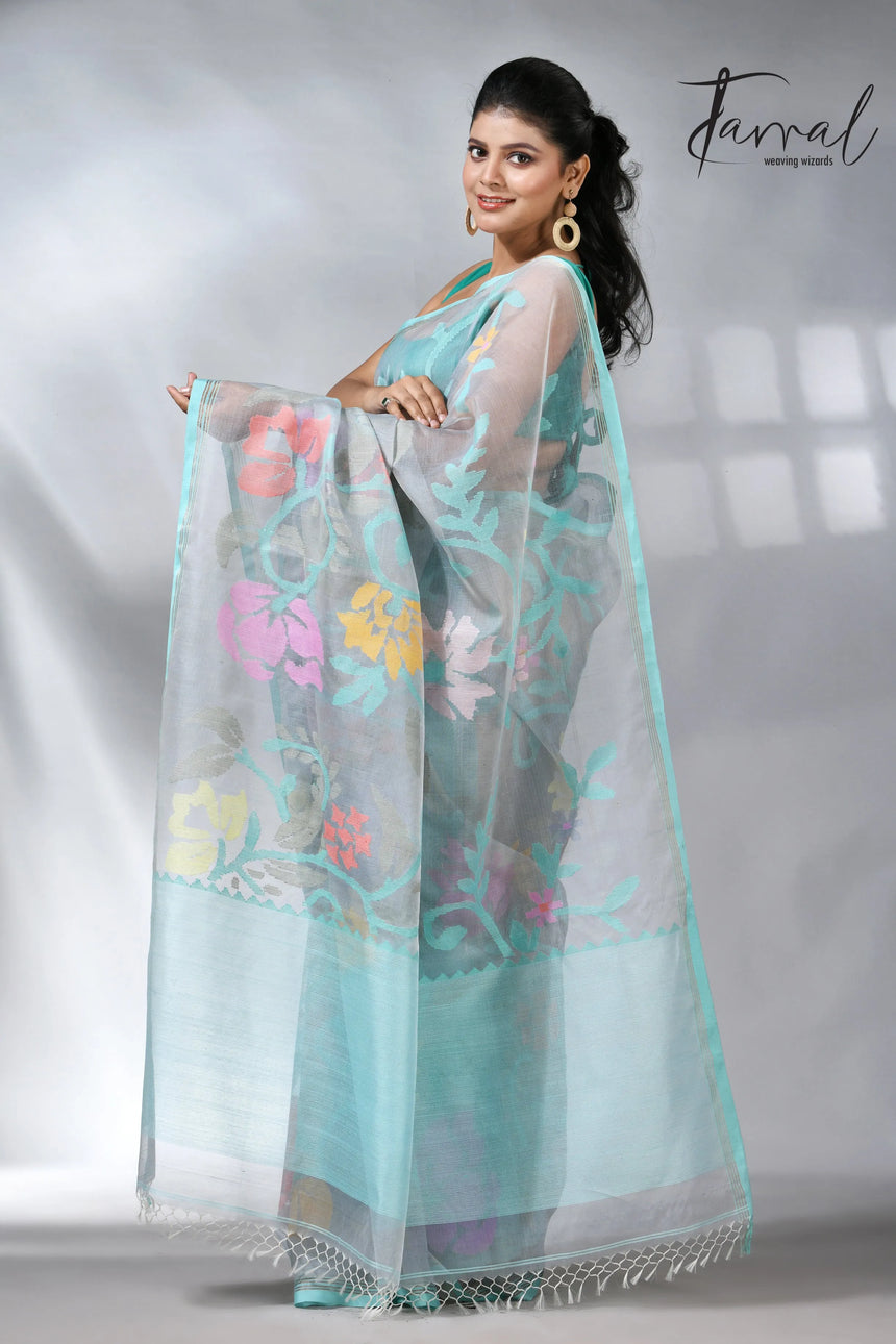 Ash color allover floral muslin silk handwoven jamdani saree