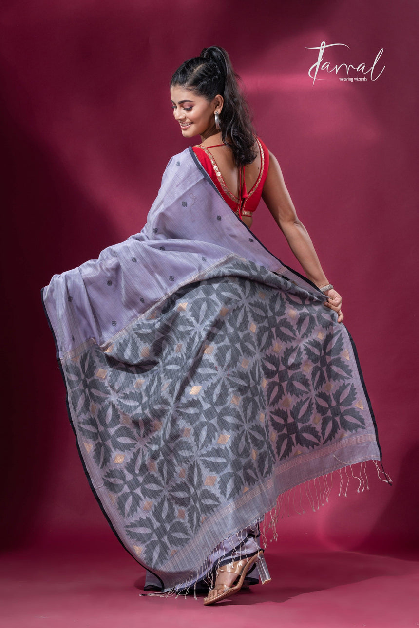 Ash grey with black border pure tusser cotton handwoven jamdani saree - Tamal Boutique