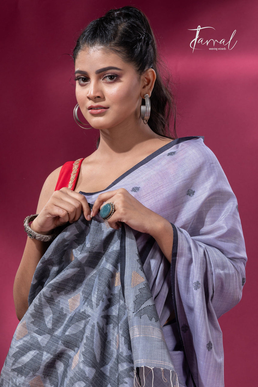 Ash grey with black border pure tusser cotton handwoven jamdani saree - Tamal Boutique