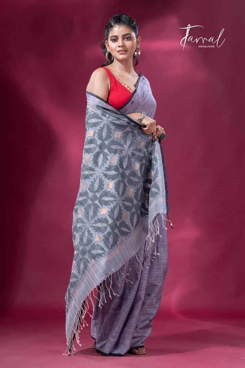 Ash grey with black border pure tusser cotton handwoven jamdani saree - Tamal Boutique
