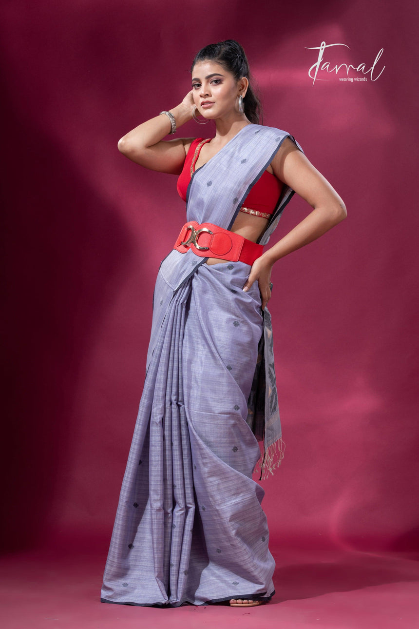 Ash grey with black border pure tusser cotton handwoven jamdani saree - Tamal Boutique