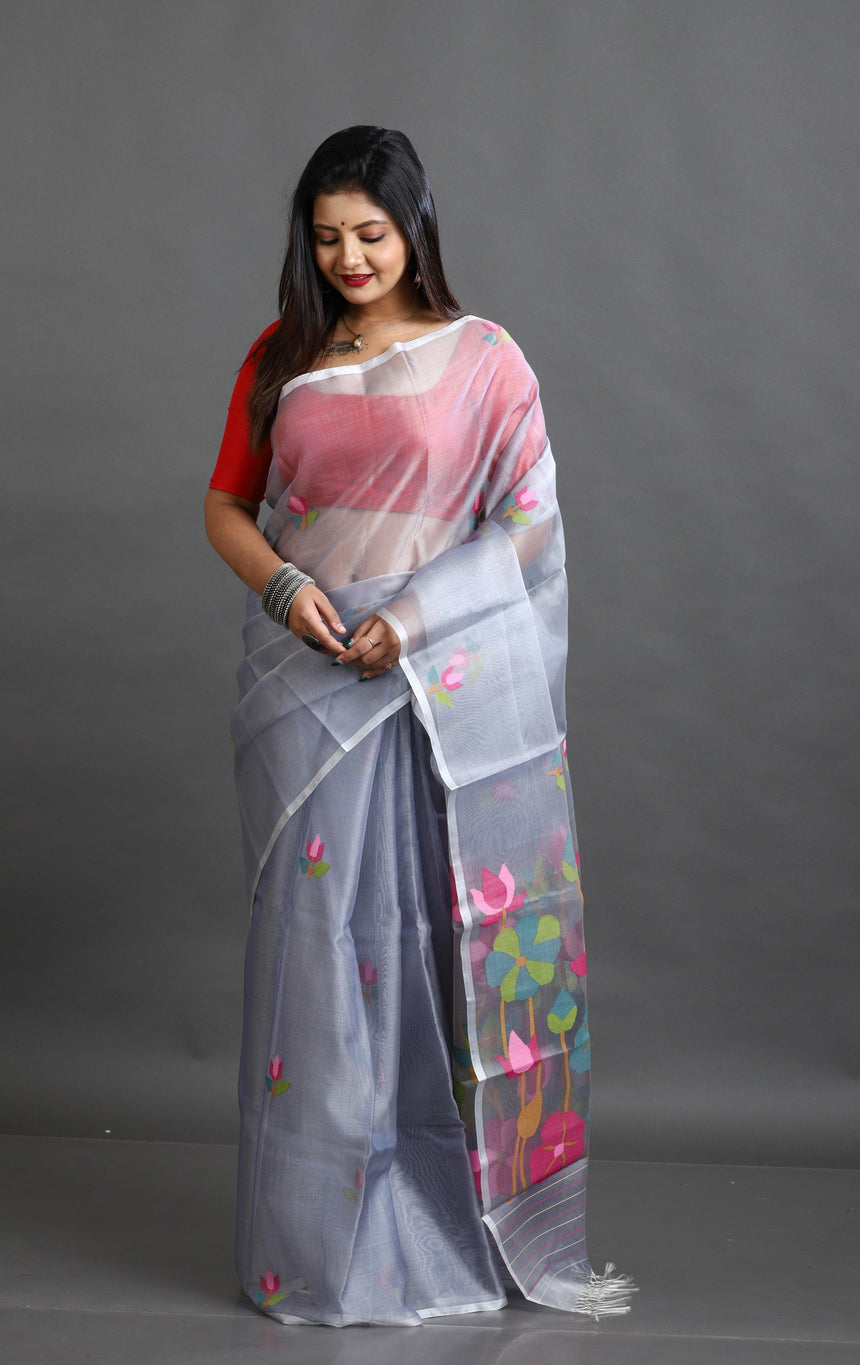 Ash with lotus motifs pallu muslin silk handwoven jamdani saree - Tamal Boutique