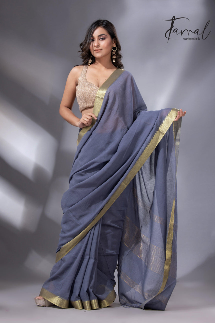 Ash with the golden zari Mangalgiri cotton handloom saree