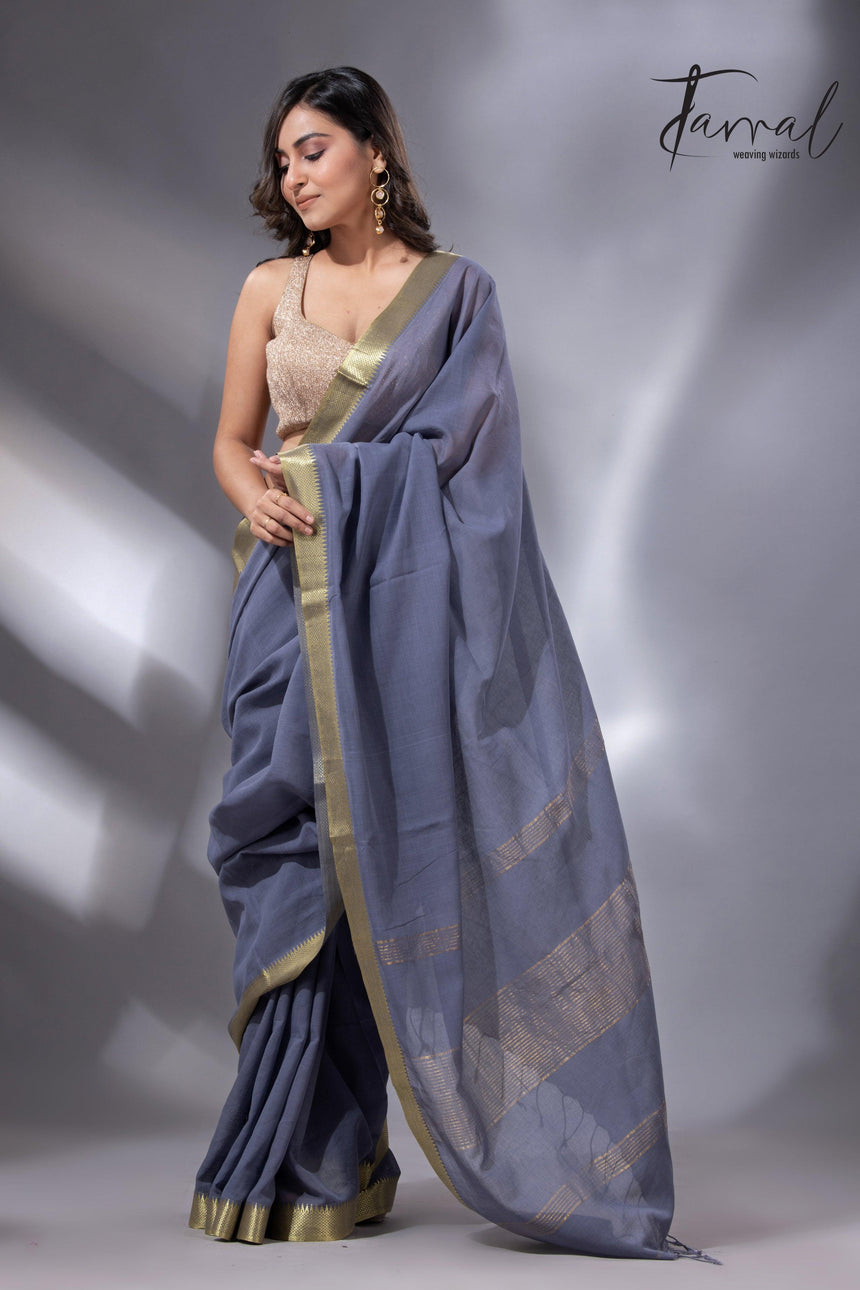 Ash with the golden zari Mangalgiri cotton handloom saree