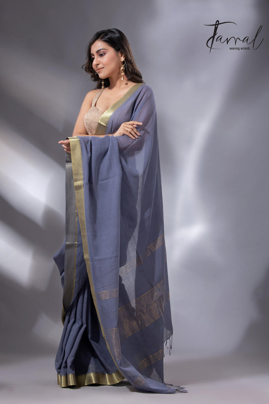 Ash with the golden zari Mangalgiri cotton handloom saree