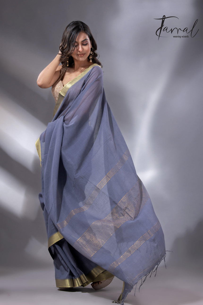 Ash with the golden zari Mangalgiri cotton handloom saree