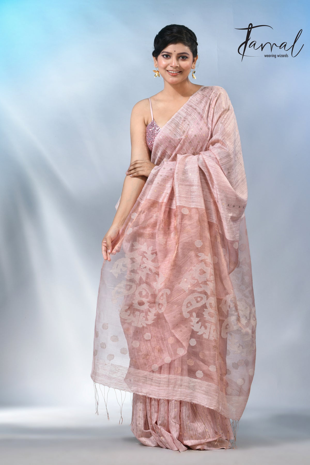 Baby Pink colour matka silk sequins handwoven jamdani saree