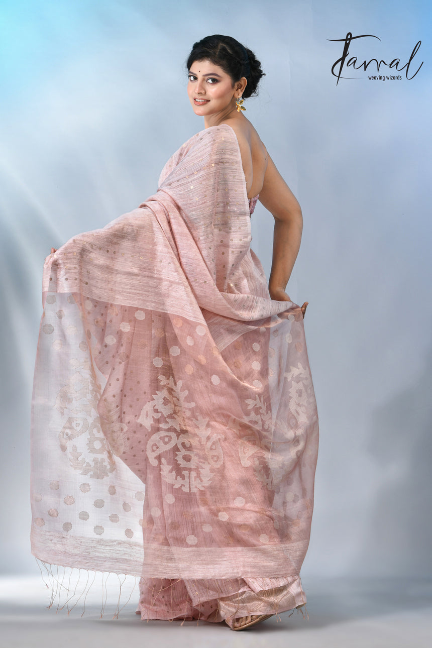 Baby Pink colour matka silk sequins handwoven jamdani saree