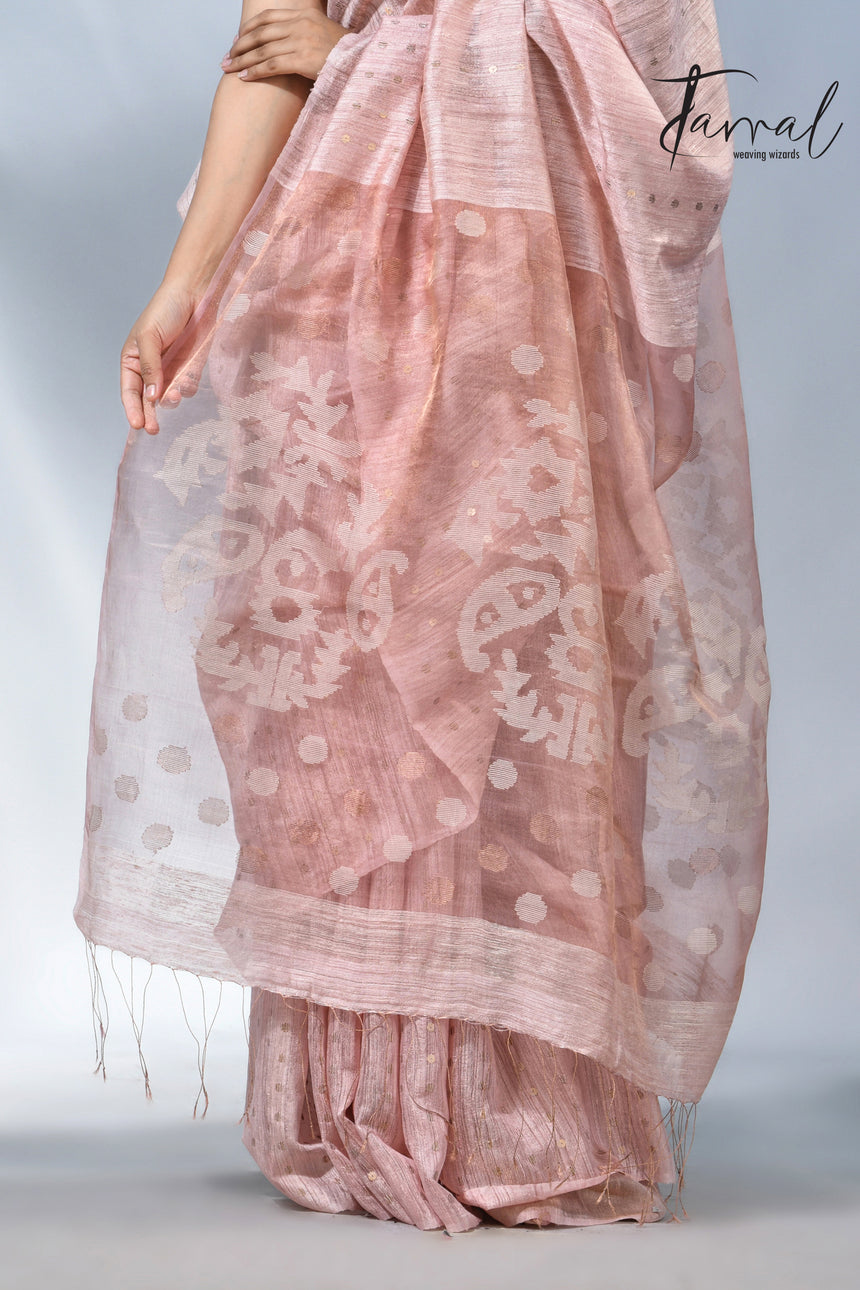 Baby Pink colour matka silk sequins handwoven jamdani saree