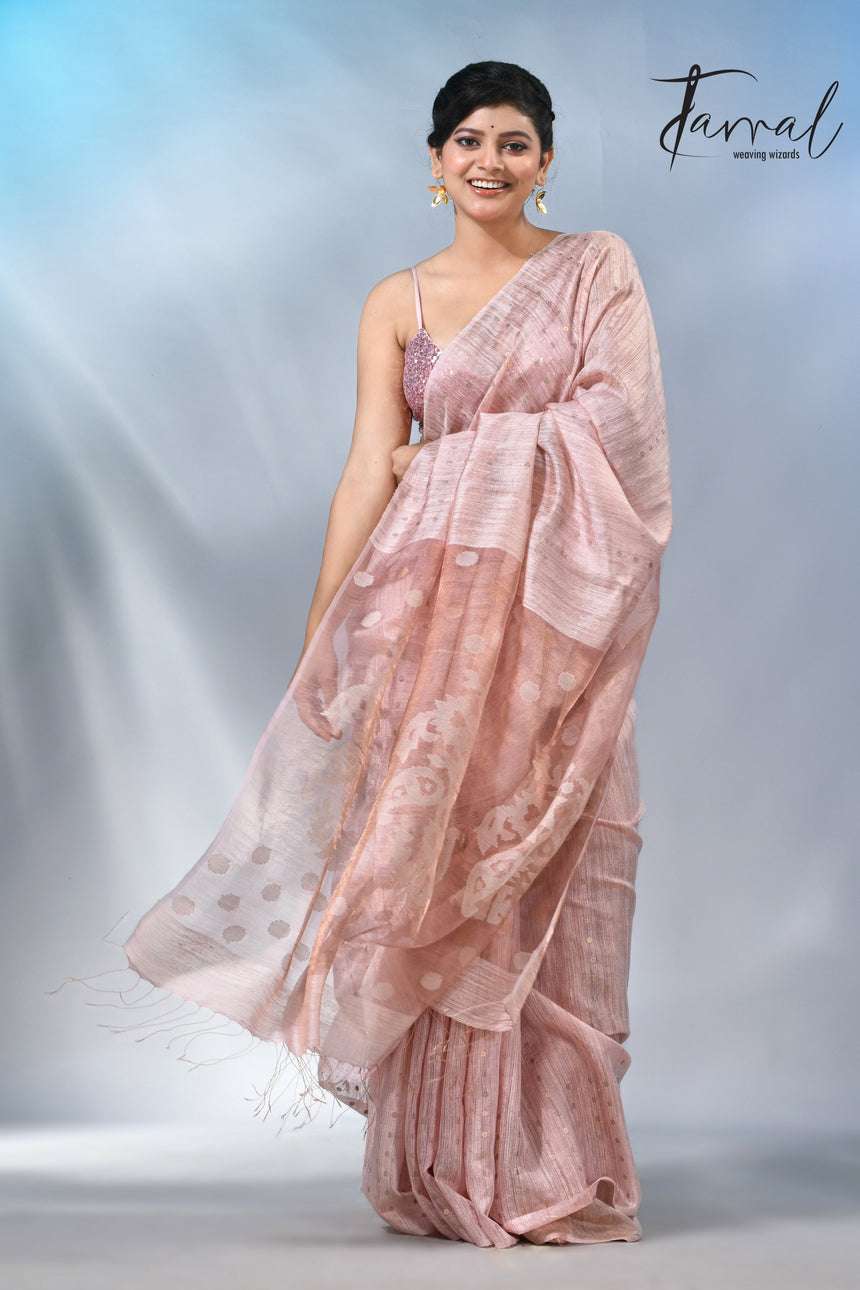 Baby Pink colour matka silk sequins handwoven jamdani saree