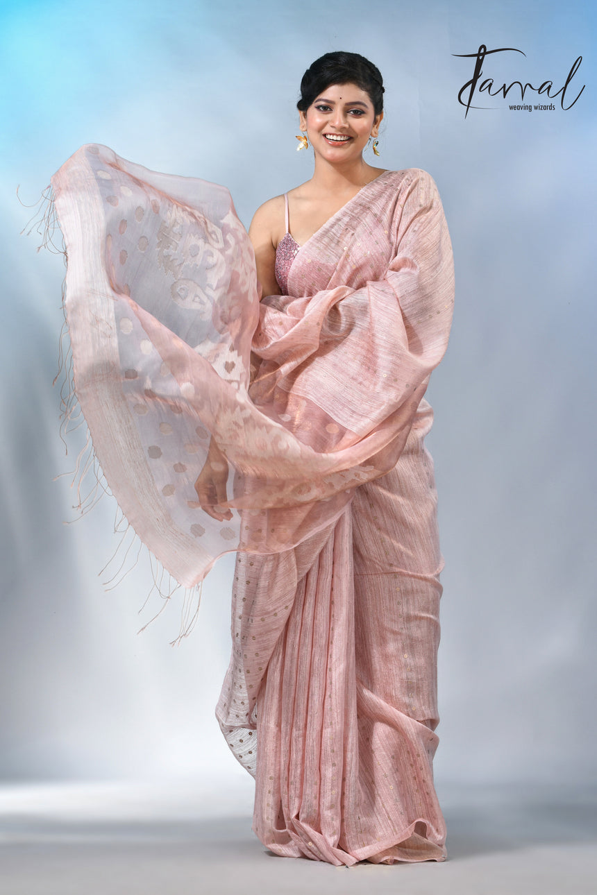 Baby Pink colour matka silk sequins handwoven jamdani saree