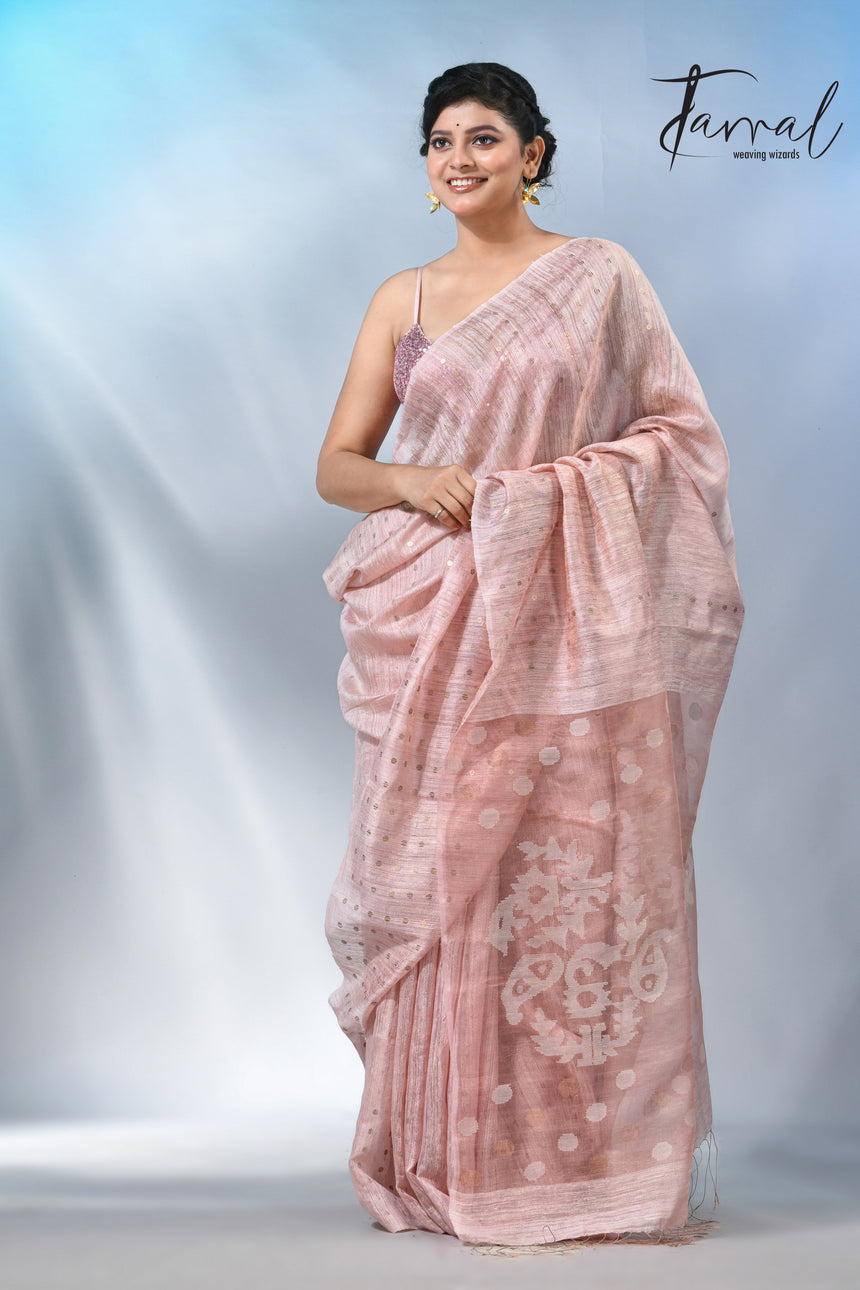 Baby Pink colour matka silk sequins handwoven jamdani saree