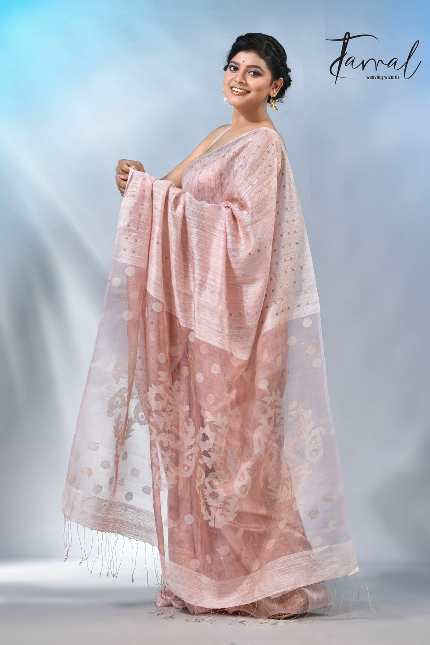 Baby Pink colour matka silk sequins handwoven jamdani saree