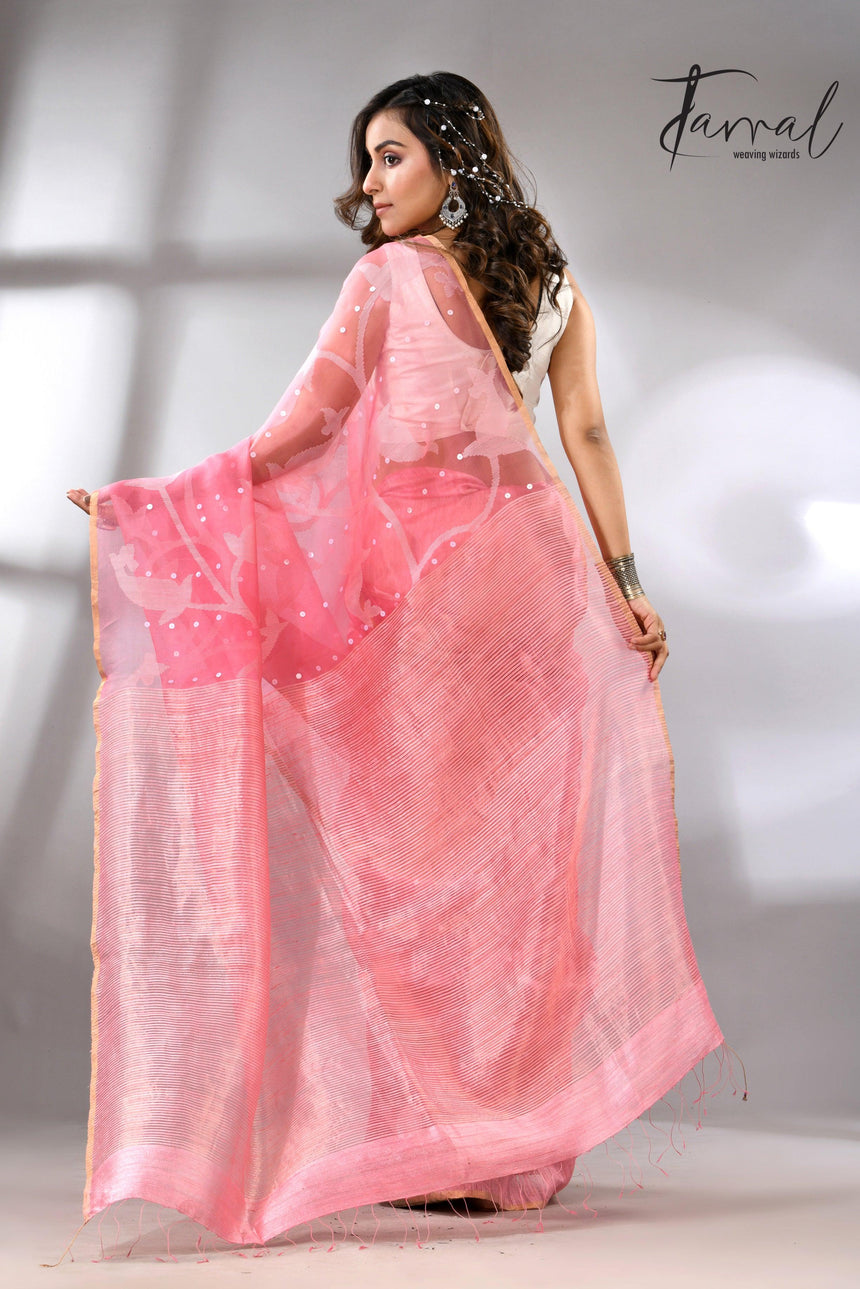 Baby Pink muslin with matka silk handwoven needle work jamdani saree back