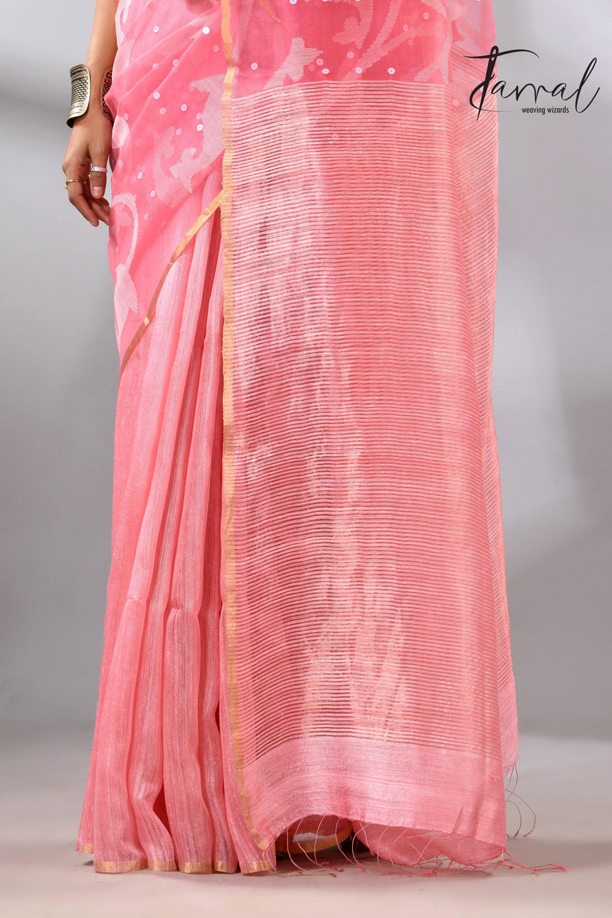Baby Pink muslin with matka silk handwoven needle work jamdani saree bottom