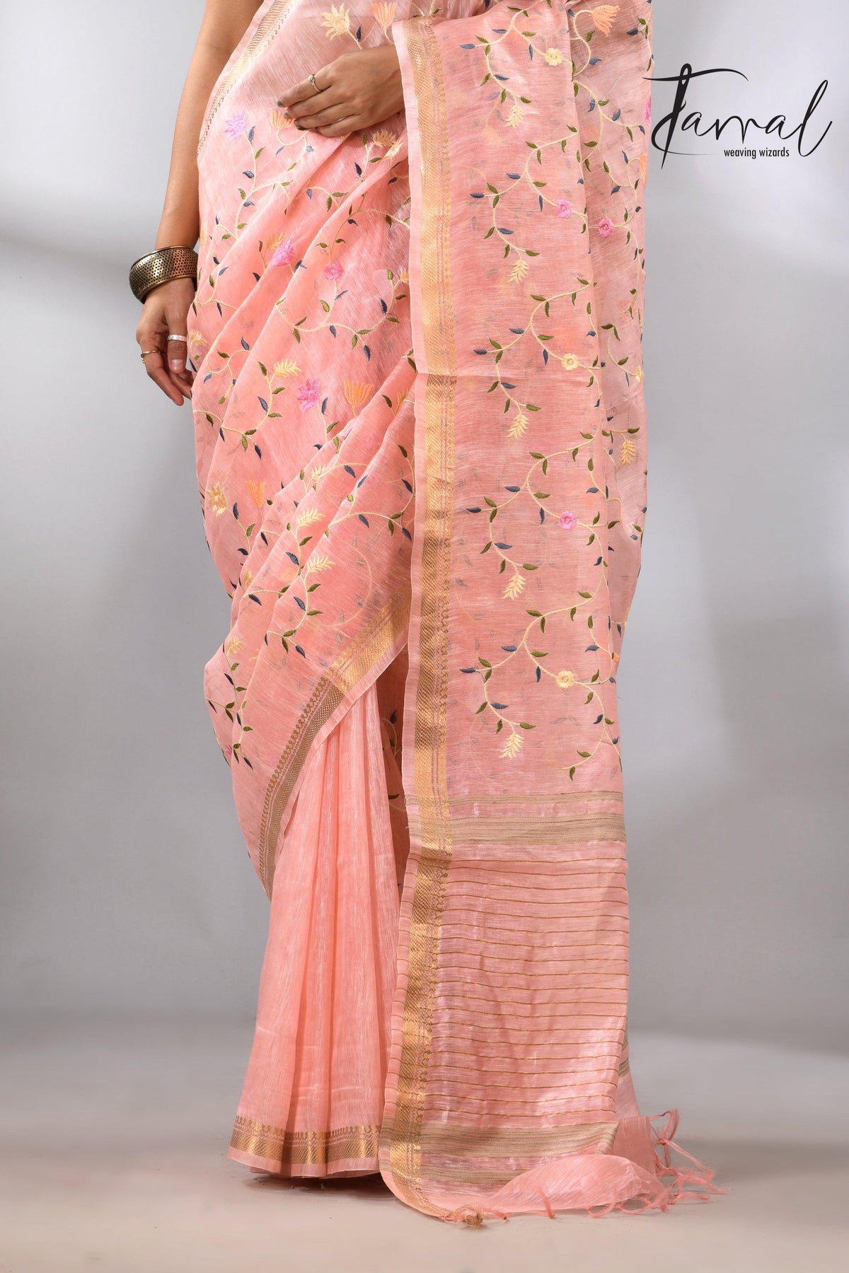 Baby Pink with zari border silk linen embroidered handloom saree bottom