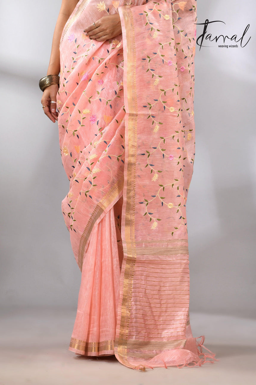 Baby Pink with zari border silk linen embroidered handloom saree bottom