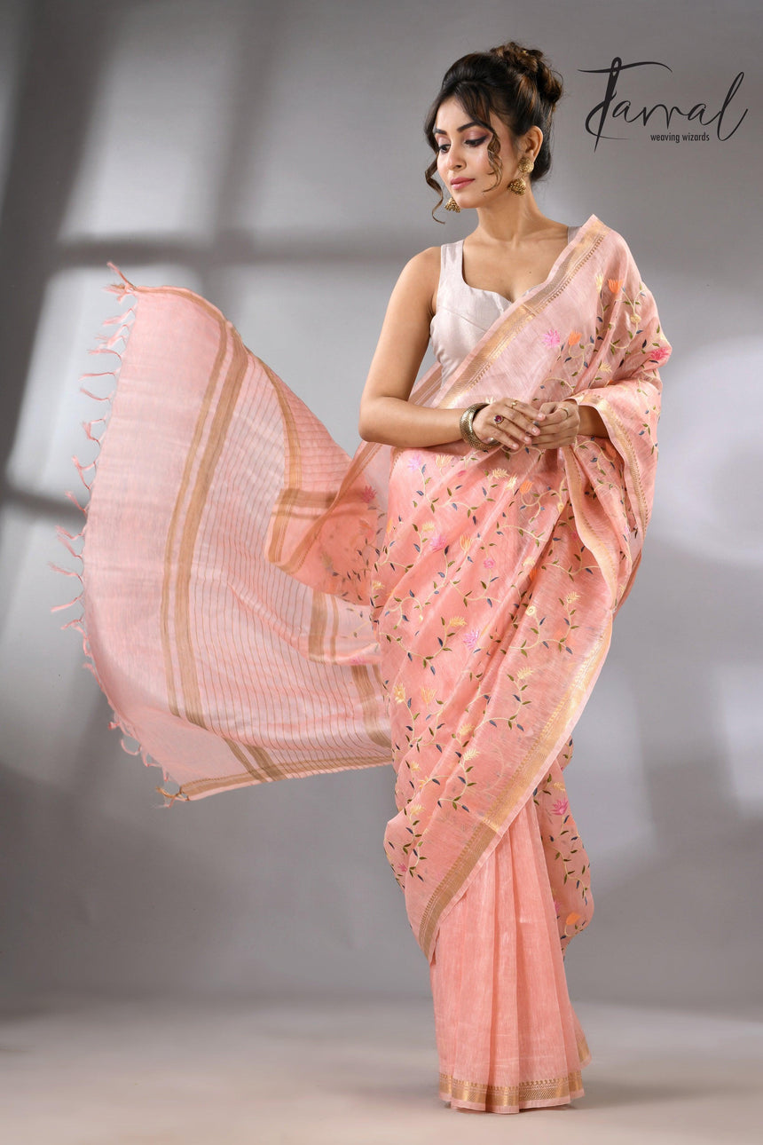 Baby Pink with zari border silk linen embroidered handloom saree full