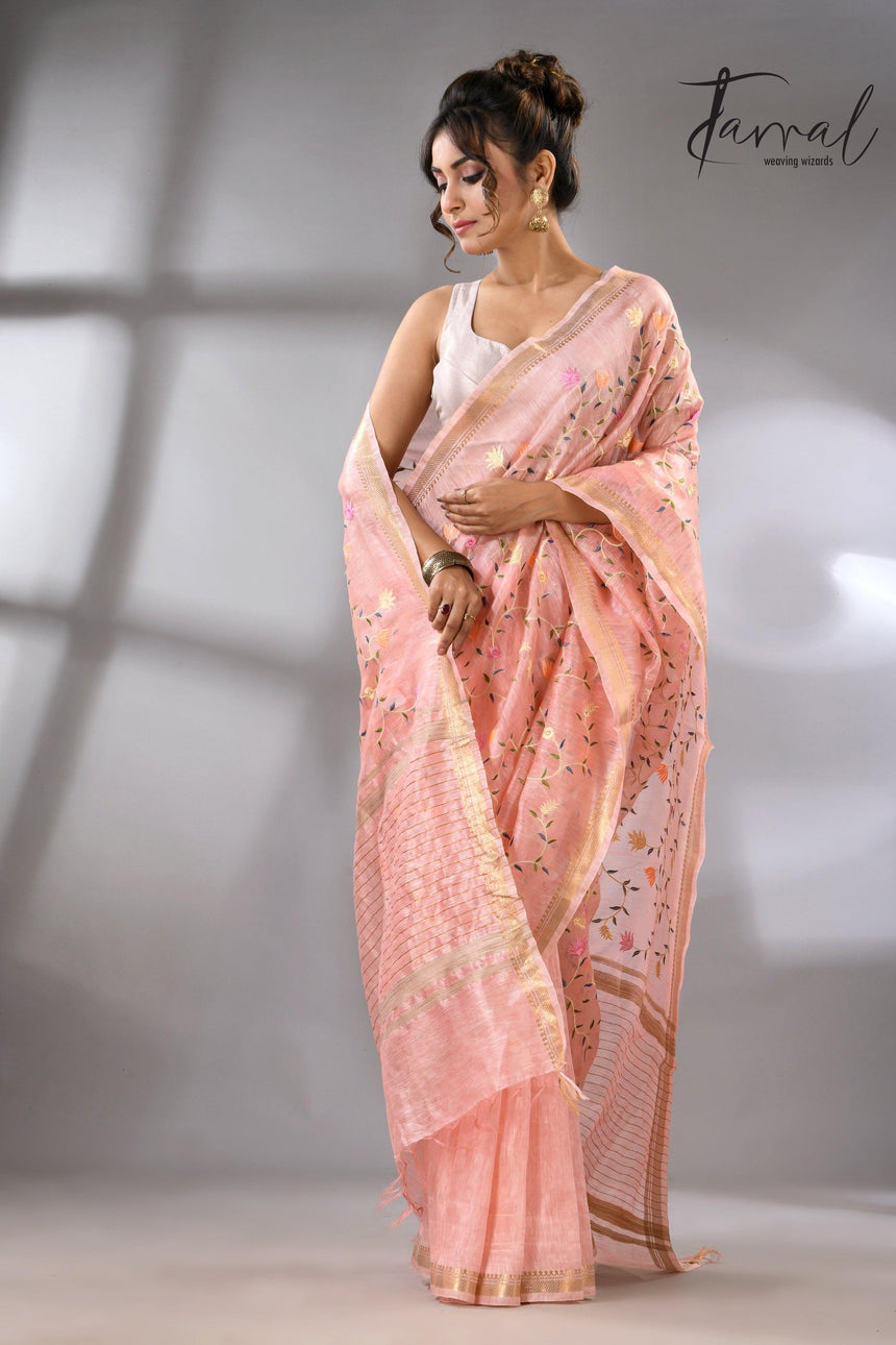 Baby Pink with zari border silk linen embroidered handloom saree full3