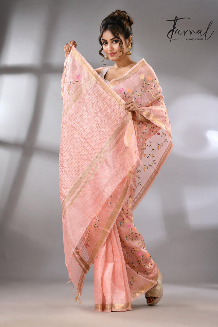 Baby Pink with zari border silk linen embroidered handloom saree full4