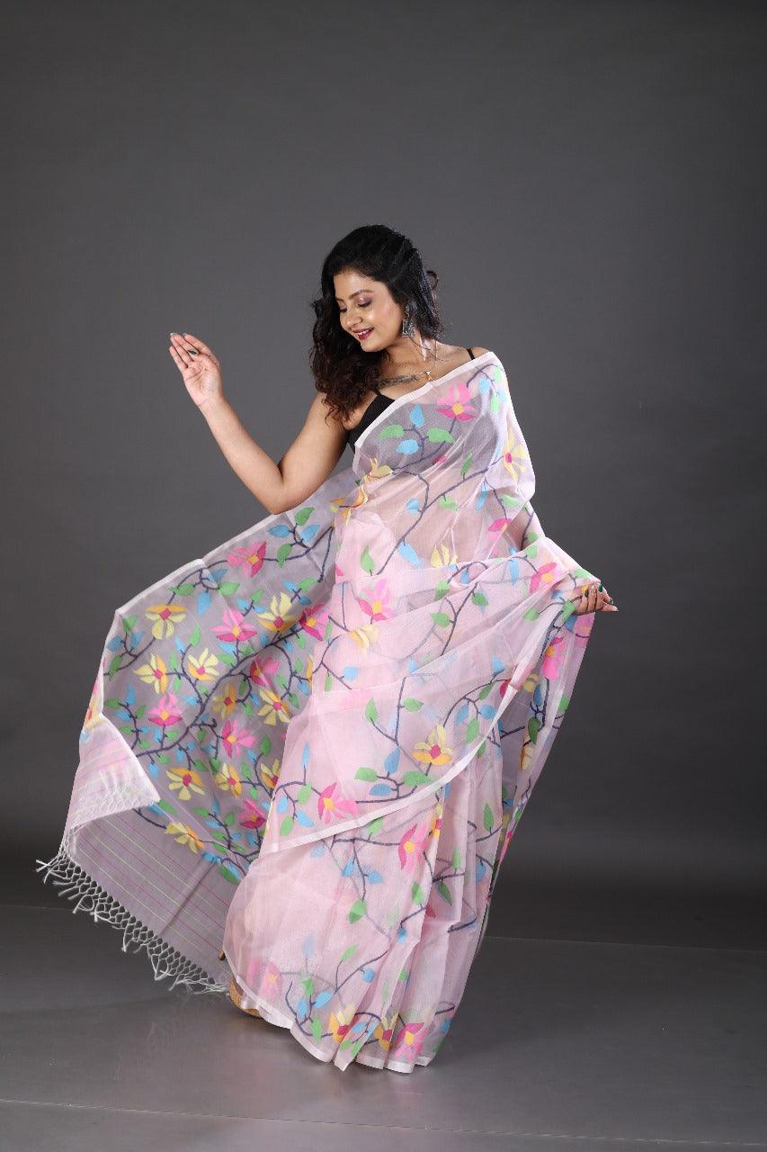 Baby pink handwoven muslin silk jamdani saree - Tamal Boutique