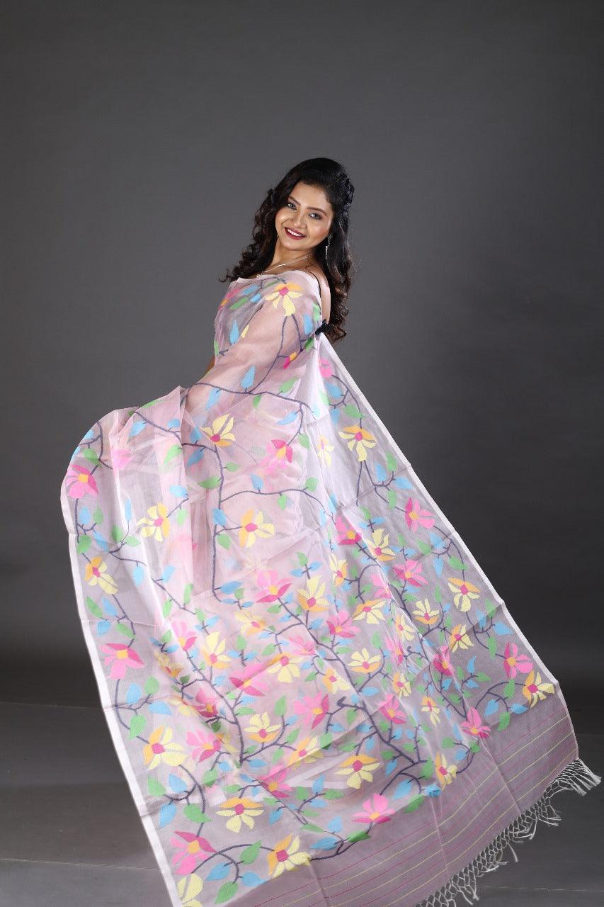 Baby pink handwoven muslin silk jamdani saree - Tamal Boutique