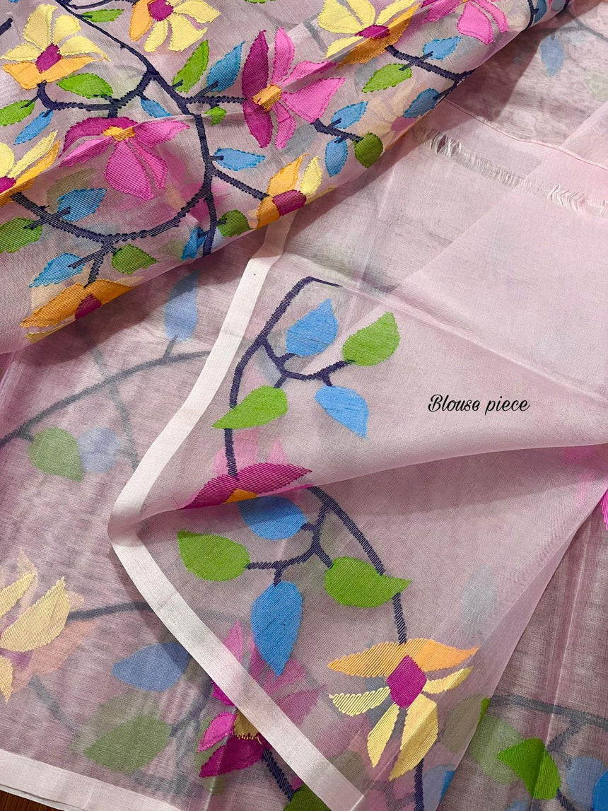 Baby pink handwoven muslin silk jamdani saree - Tamal Boutique