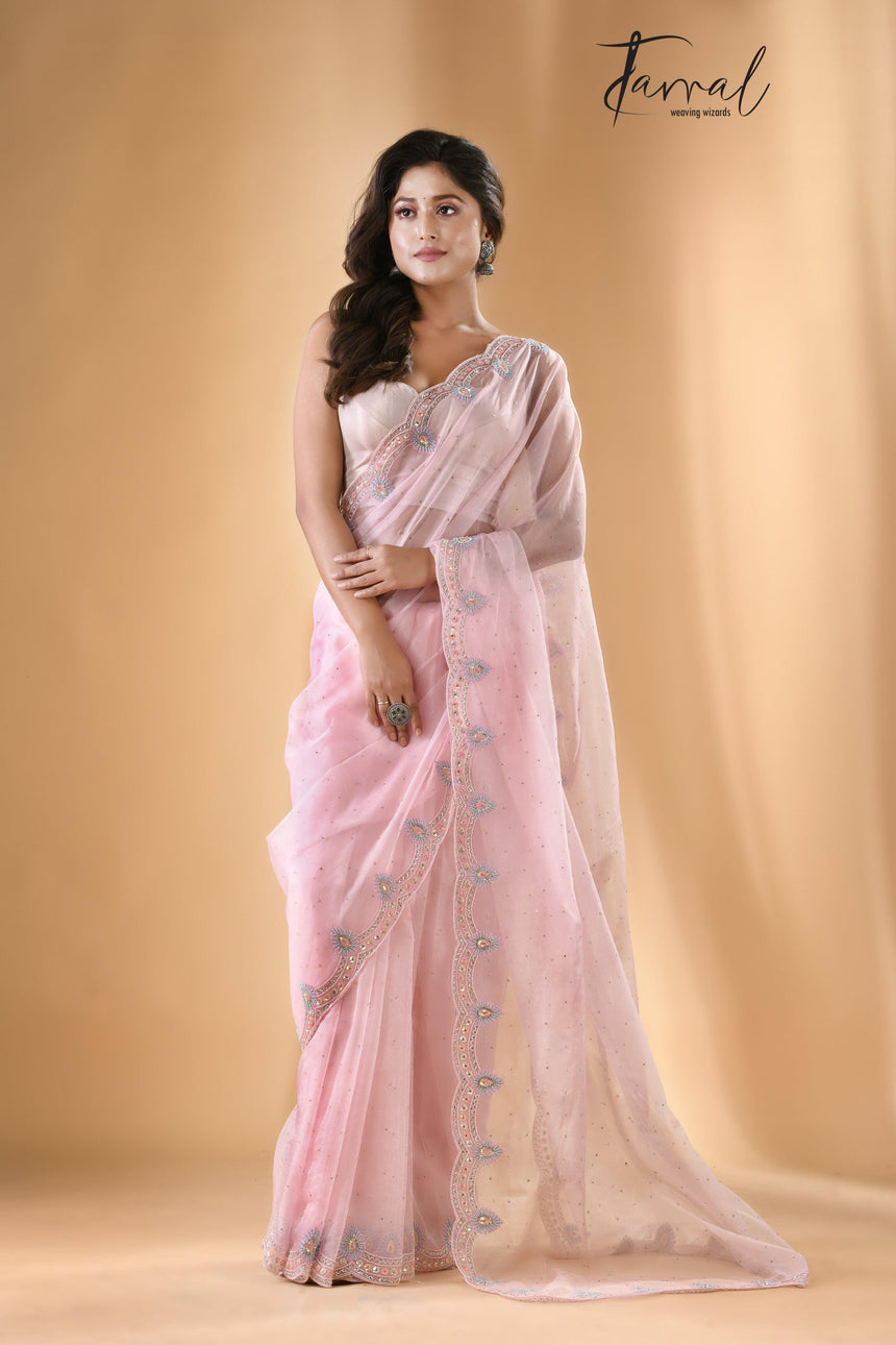 Baby pink fantasy zardosi silk saree front
