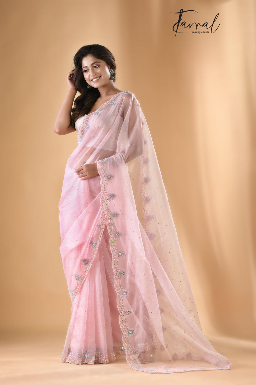 Baby pink organza embroidered handloom saree Left1