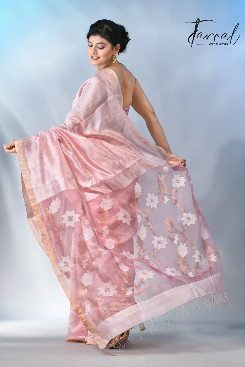 Baby pink with border bangalore silk handwoven jamdani saree