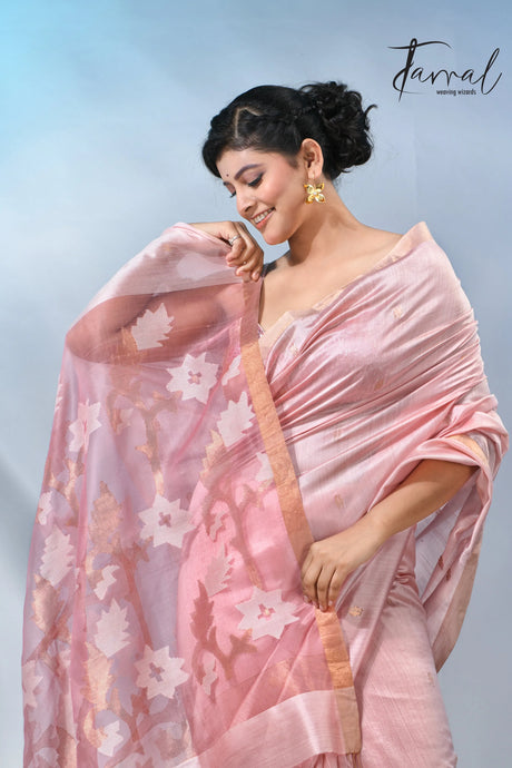 Baby pink with border bangalore silk handwoven jamdani saree