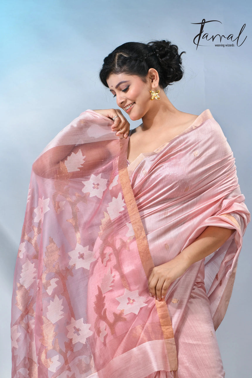 Baby pink with border bangalore silk handwoven jamdani saree