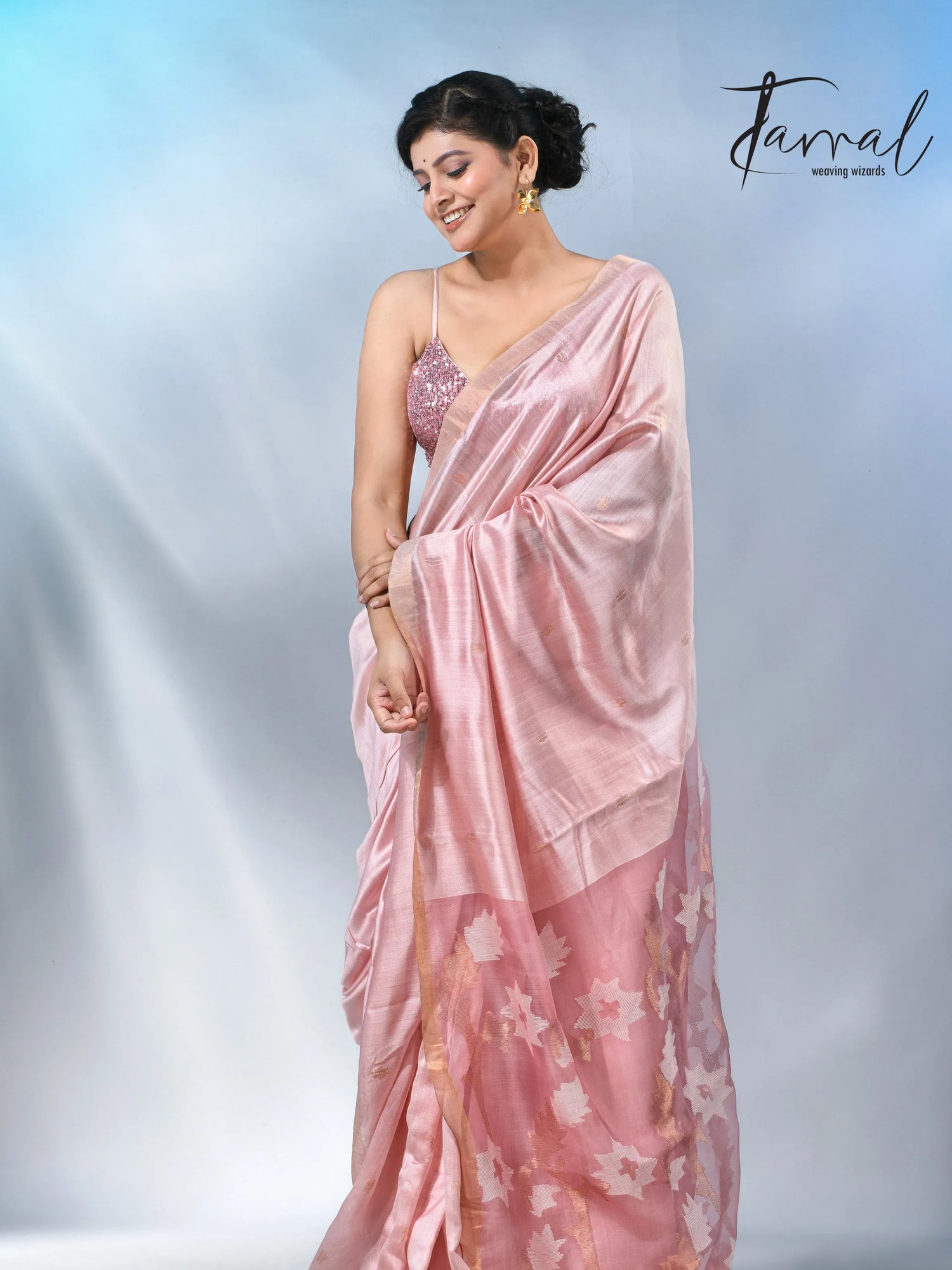 Baby pink with border bangalore silk handwoven jamdani saree