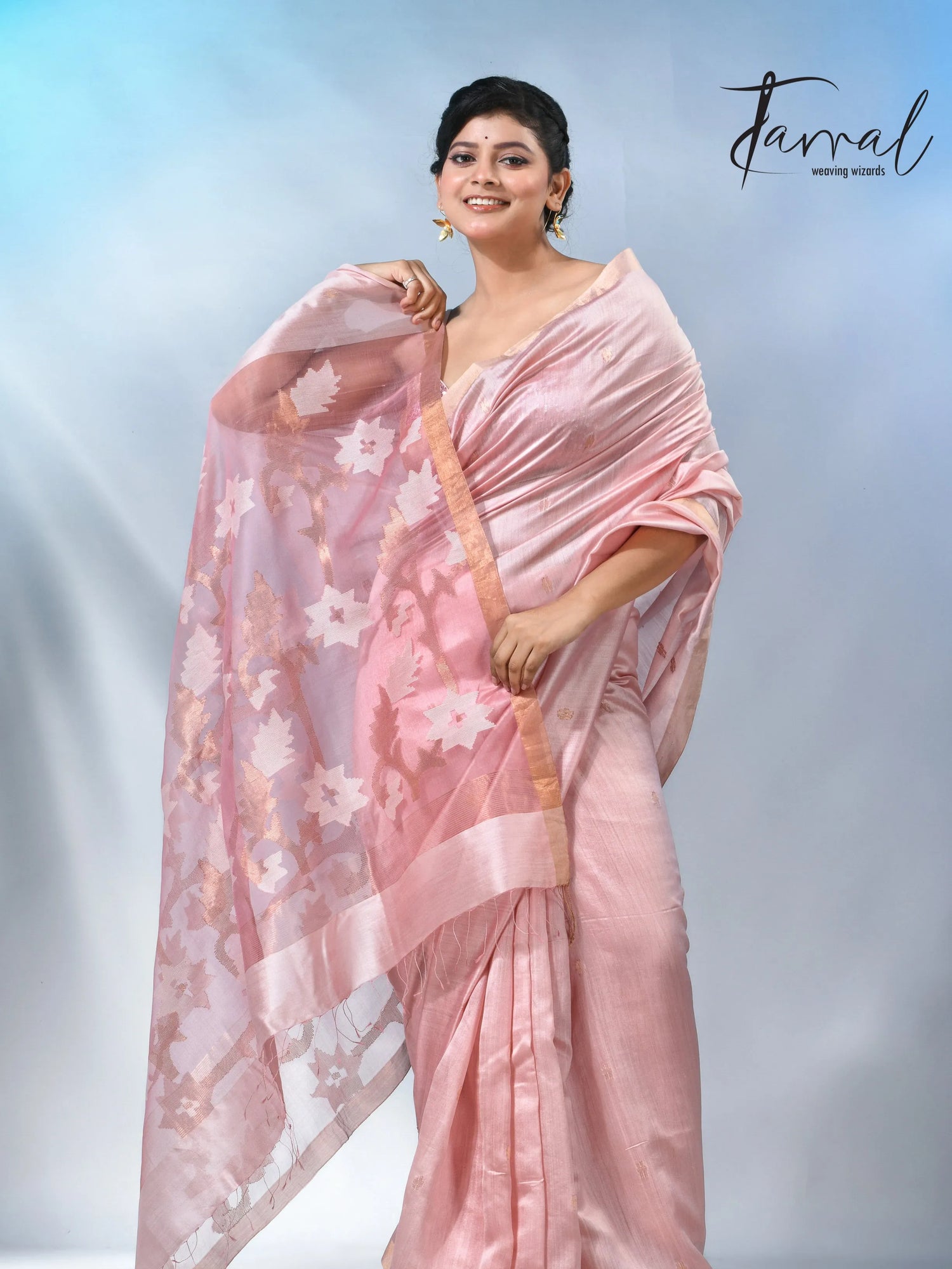 Baby pink with border bangalore silk handwoven jamdani saree