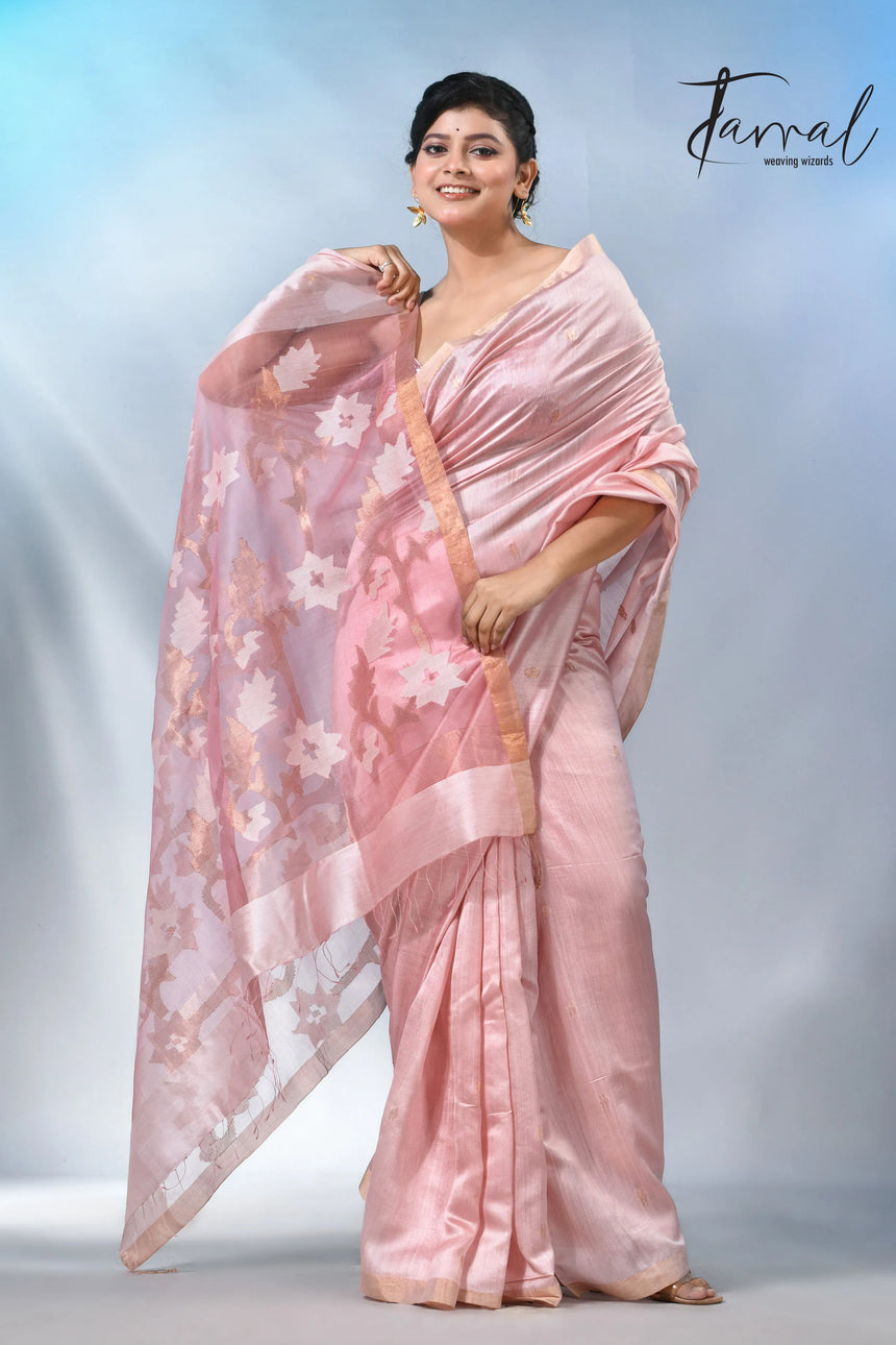 Baby pink with border bangalore silk handwoven jamdani saree