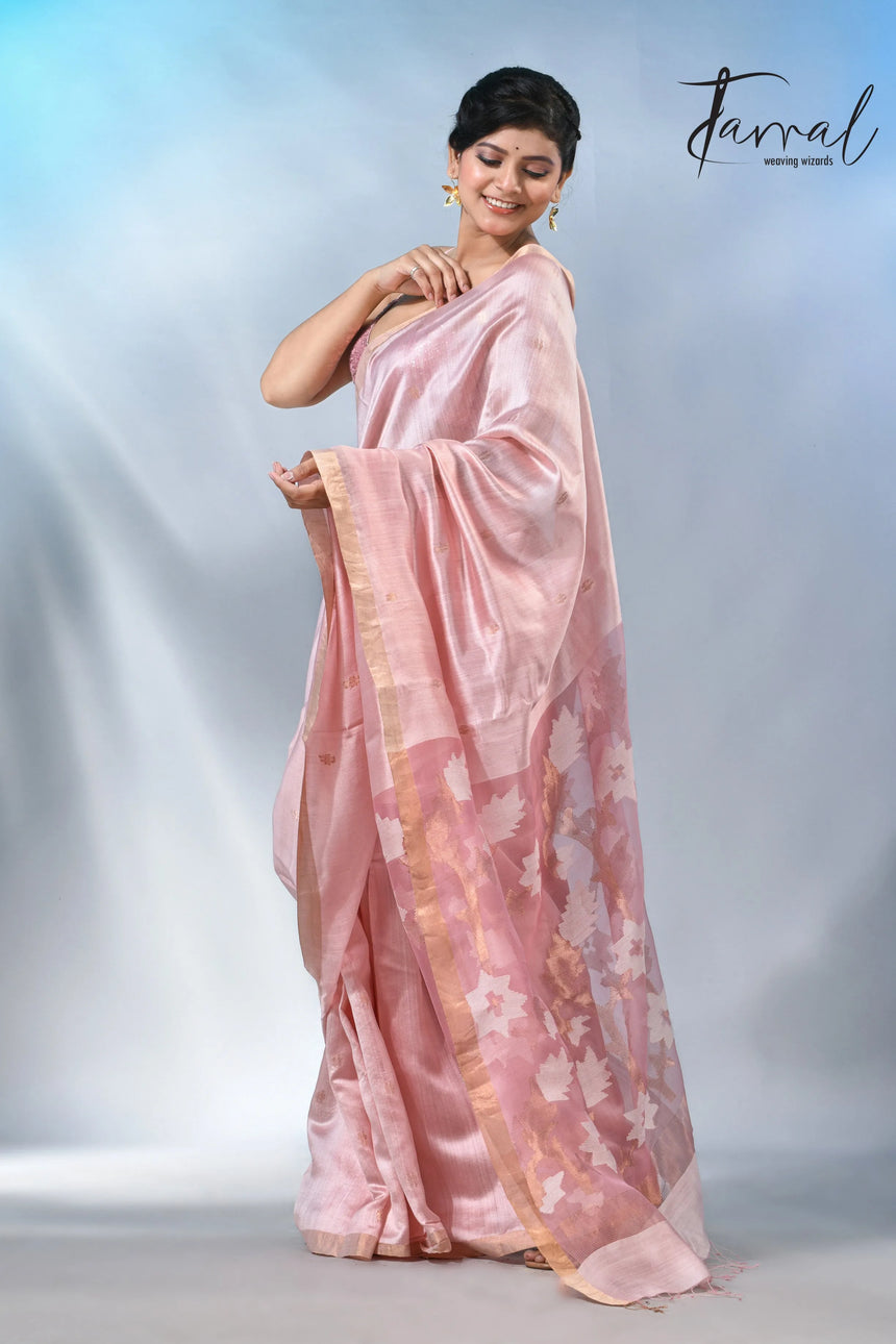 Baby pink with border bangalore silk handwoven jamdani saree