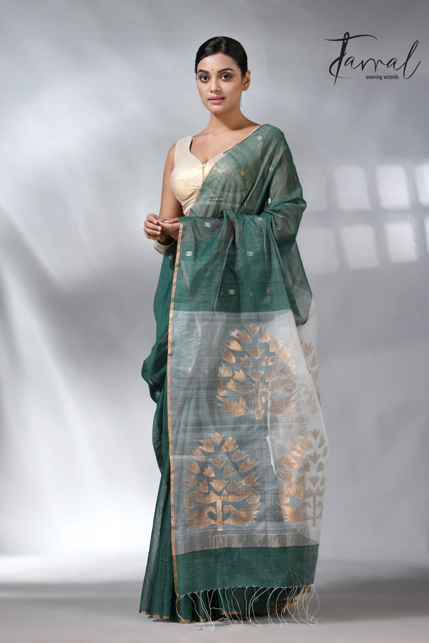 Bamboo green zari border silk cotton handwoven jamdani saree