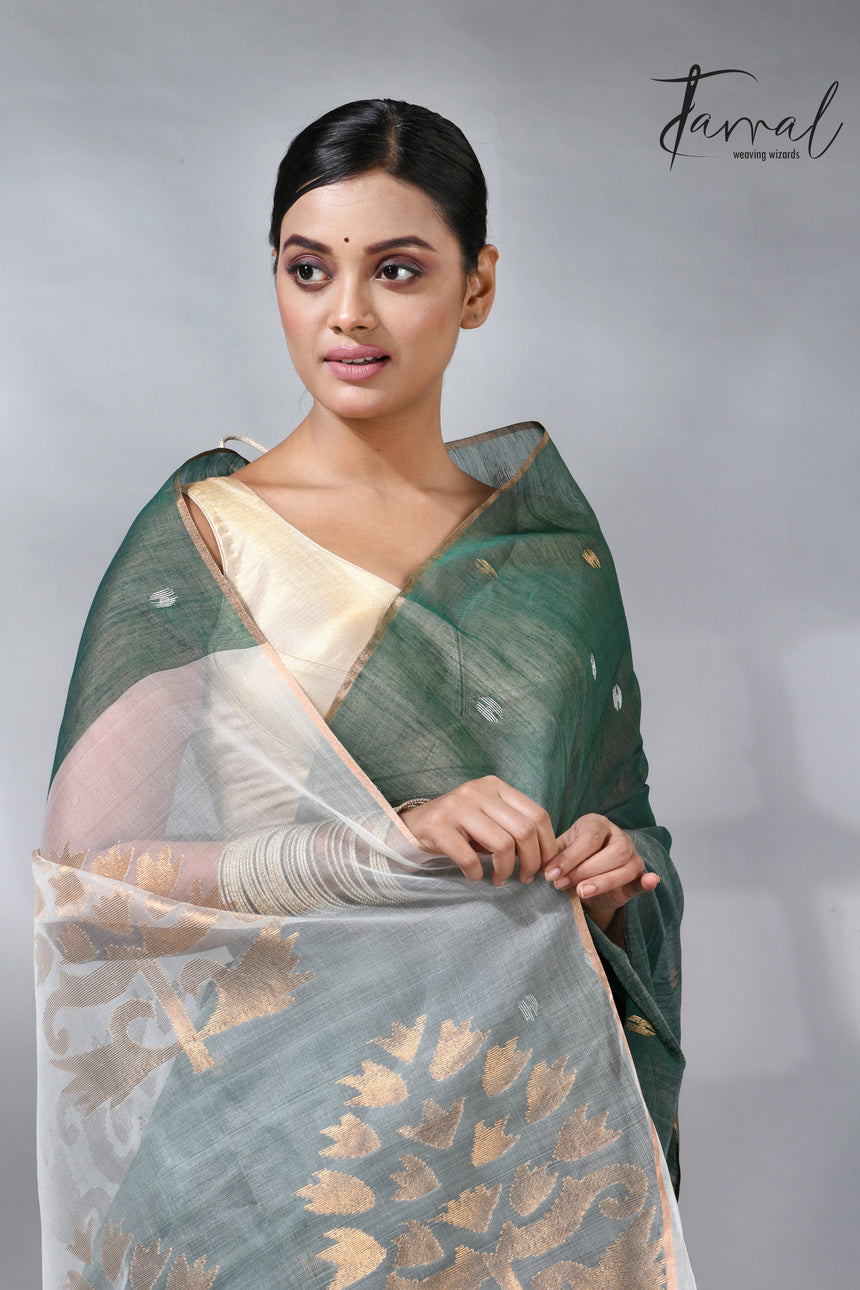 Bamboo green zari border silk cotton handwoven jamdani saree
