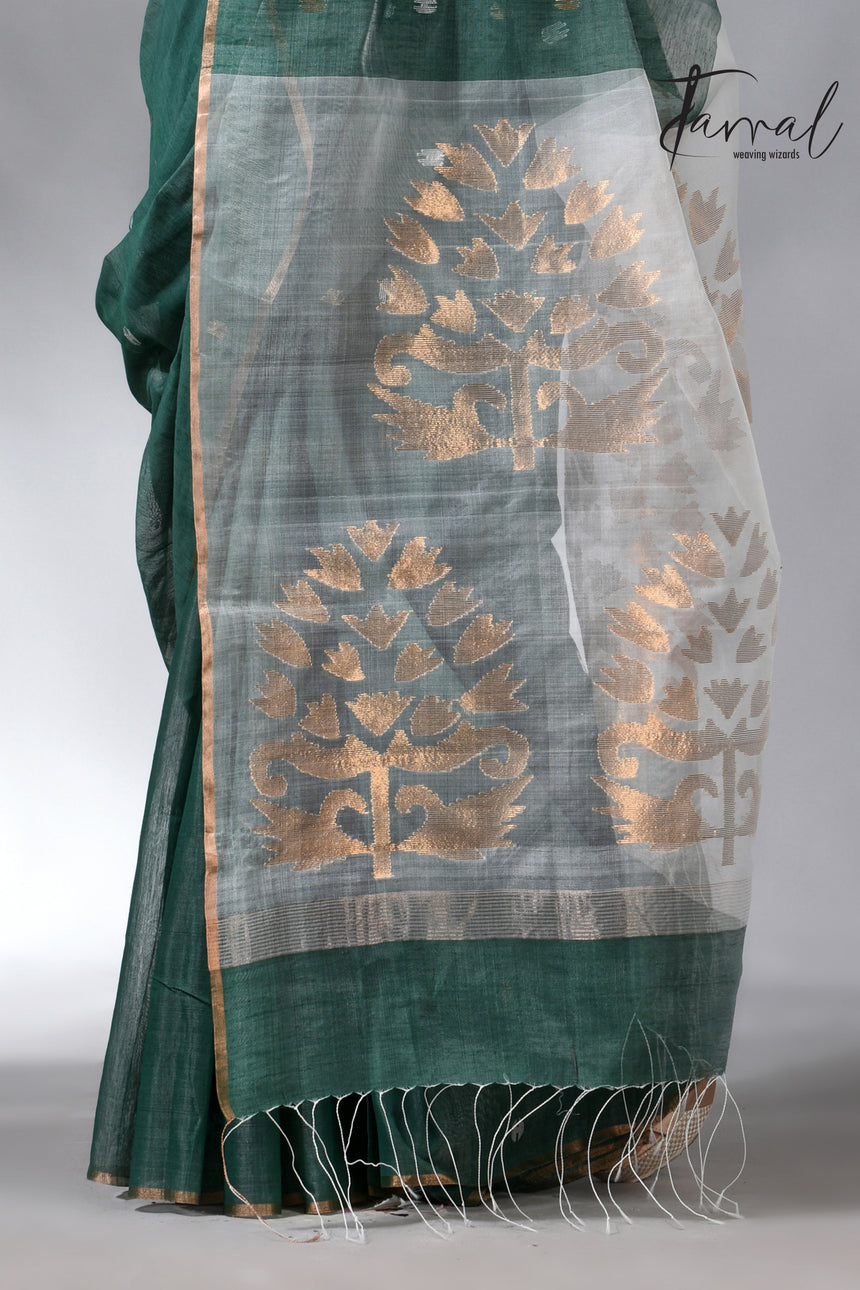 Bamboo green zari border silk cotton handwoven jamdani saree