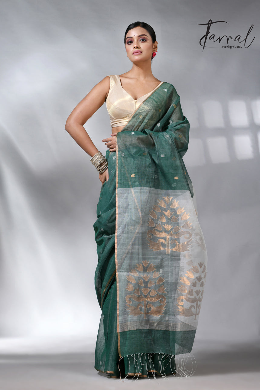 Bamboo green zari border silk cotton handwoven jamdani saree