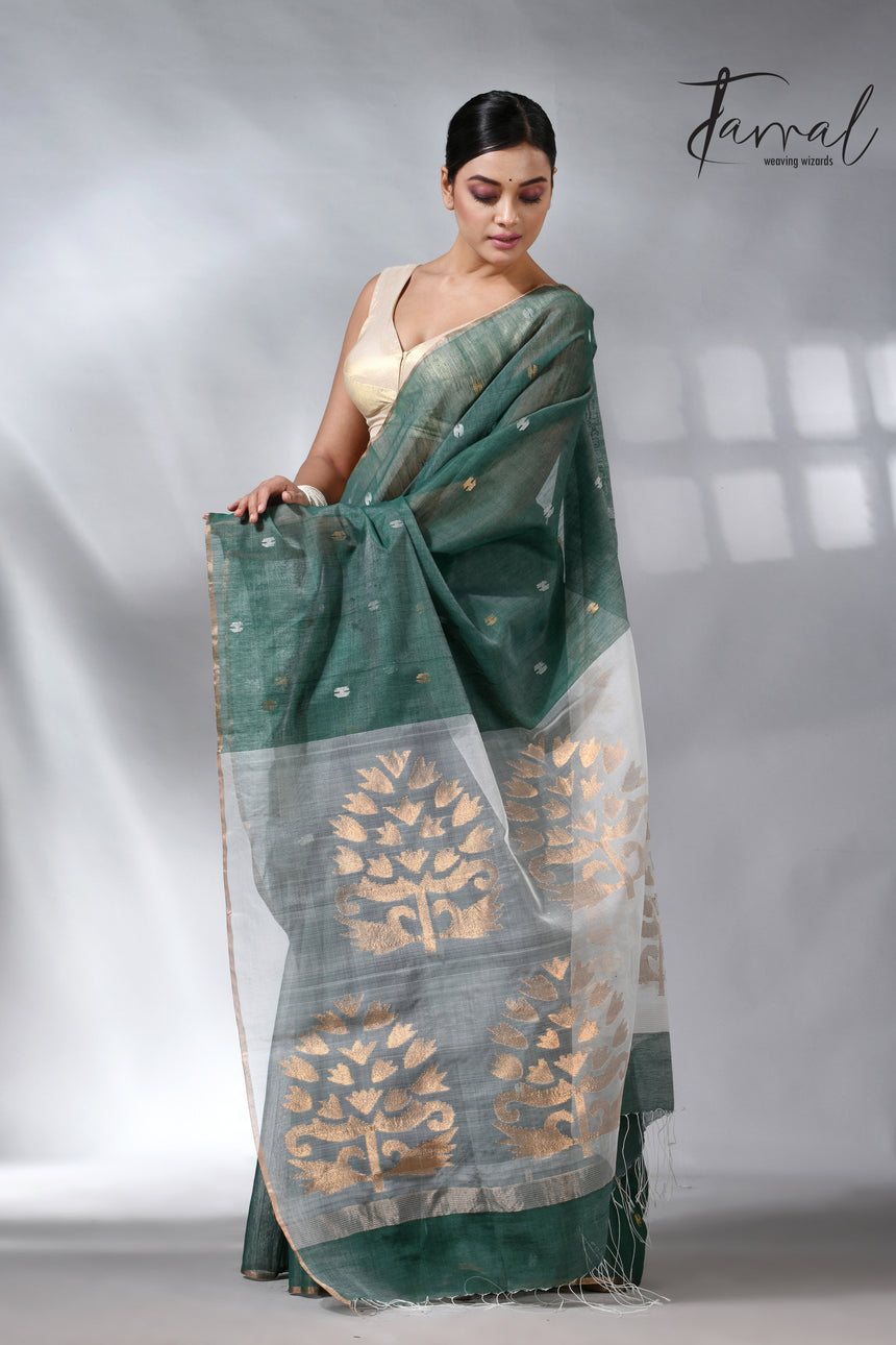 Bamboo green zari border silk cotton handwoven jamdani saree