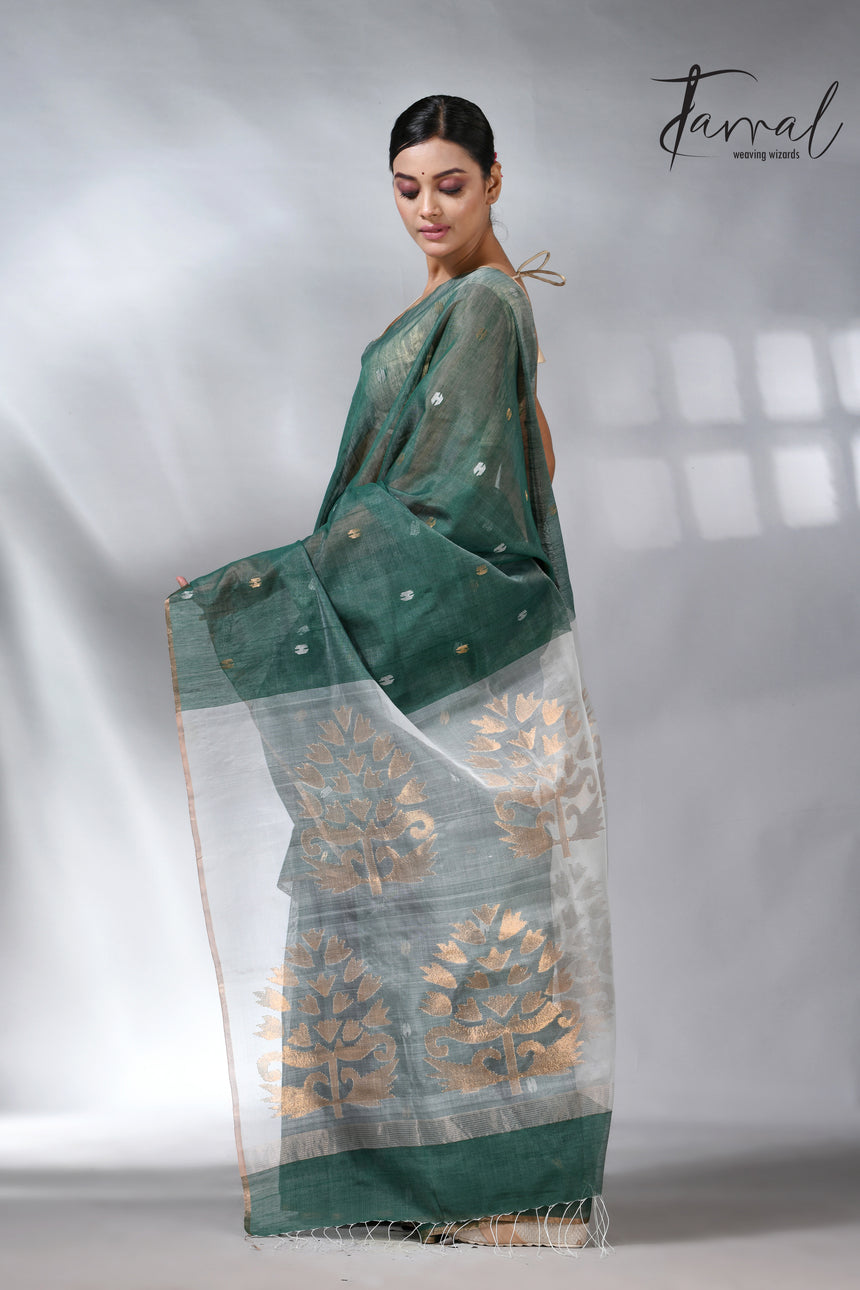 Bamboo green zari border silk cotton handwoven jamdani saree