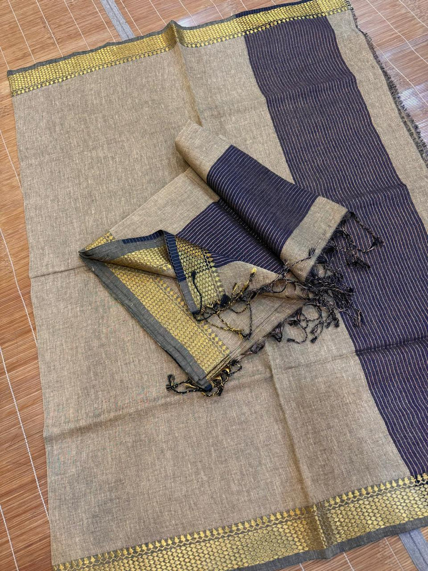 Beige Tissue Linen Kurti and Dupatta Set a Zari Border full5