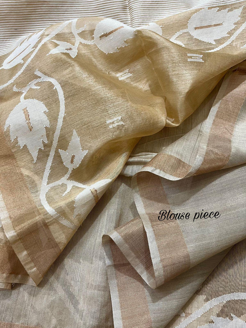 Beige colour with zari border & white floral motifs handwoven tussar silk jamdani saree - Tamal Boutique