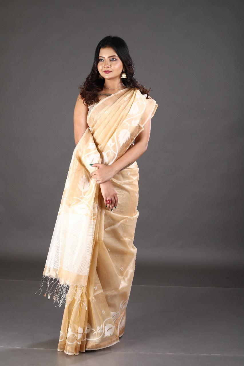 Beige colour with zari border & white floral motifs handwoven tussar silk jamdani saree - Tamal Boutique